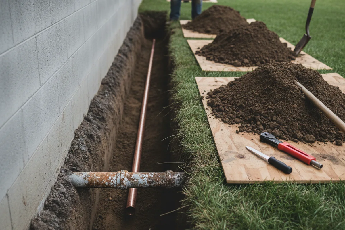 Excavated water line trench during Water Softener Installation in Fort Loudon